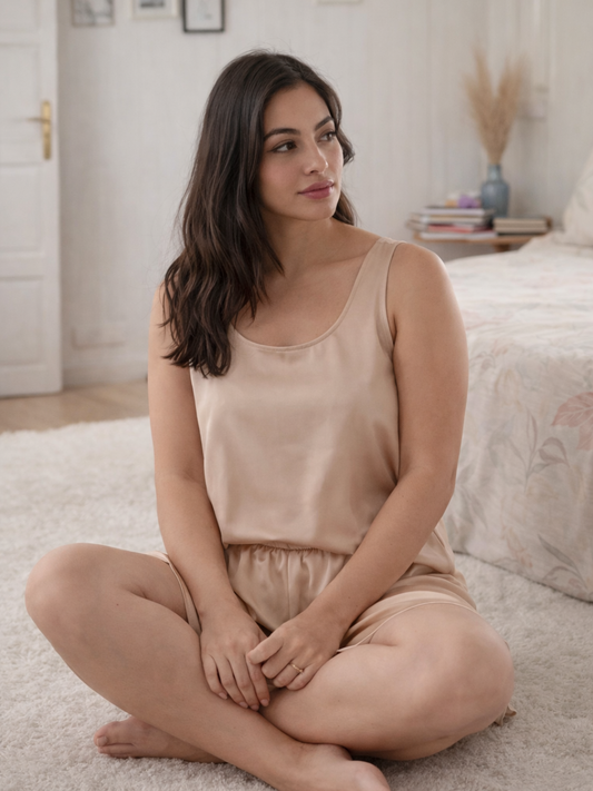 Pijama Seda - Short y Polera CAFÉ CLARO